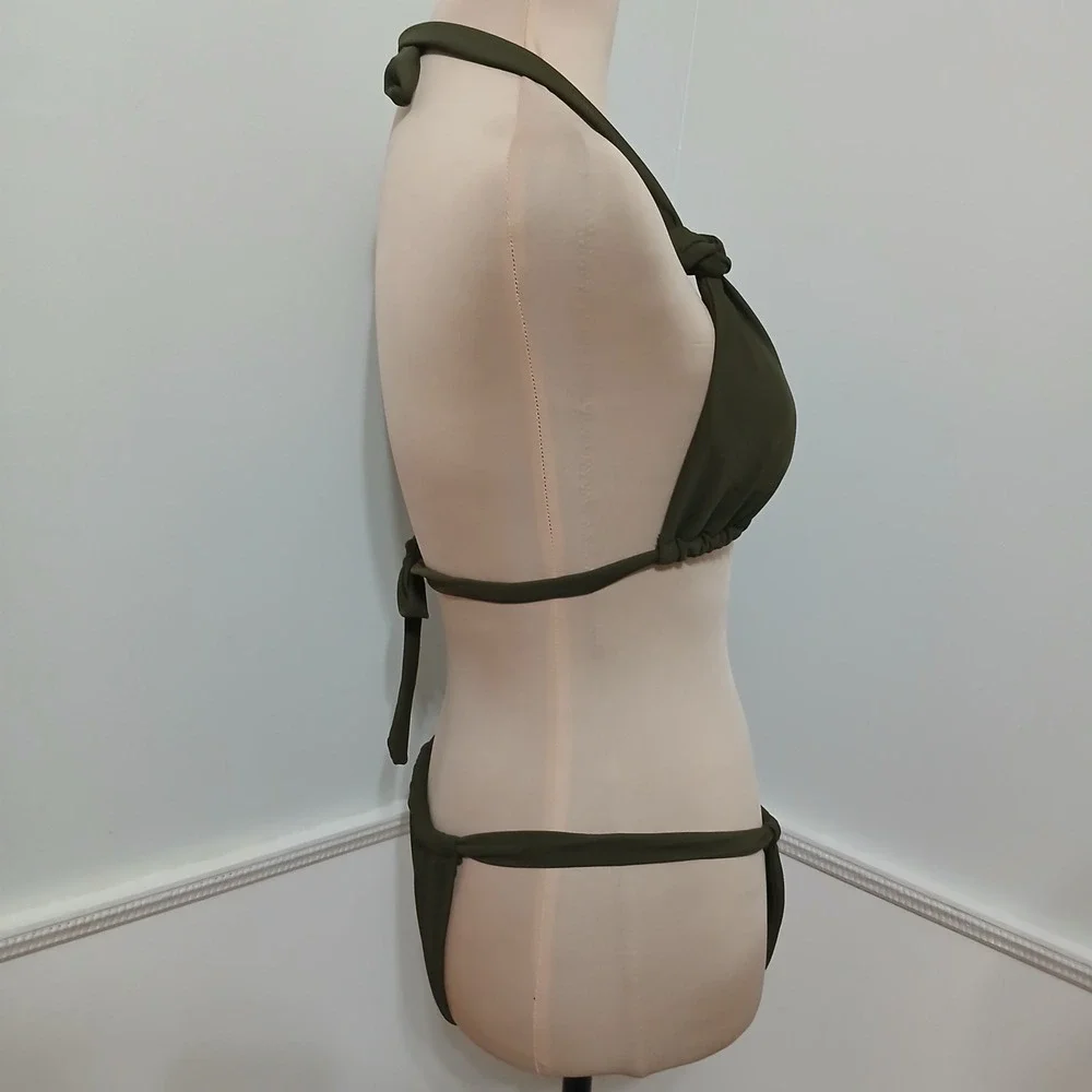 Womens‎ Olive Green Triangle Halter Bikini Set Size Large Ruched Bottoms NWOT